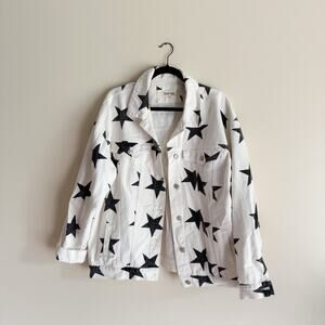 Peach Love White + Black Star Print Denim Jean Jacket with Pockets - Large
